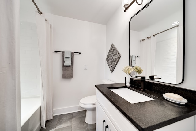 full bathroom with tile patterned flooring, vanity, toilet, and shower / bath combo with shower curtain