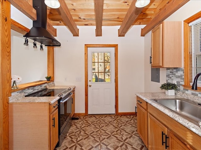 kitchen featuring beamed ceiling, island exhaust hood, sink, and electric range