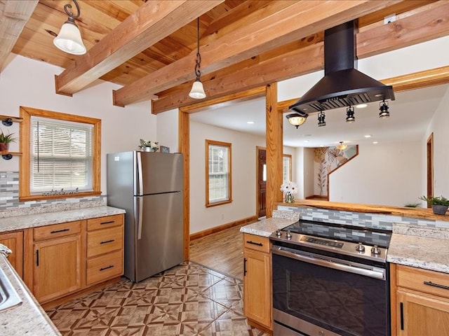 kitchen featuring pendant lighting, appliances with stainless steel finishes, beam ceiling, tasteful backsplash, and island exhaust hood