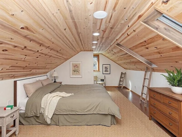 bedroom featuring lofted ceiling, hardwood / wood-style floors, and wood ceiling