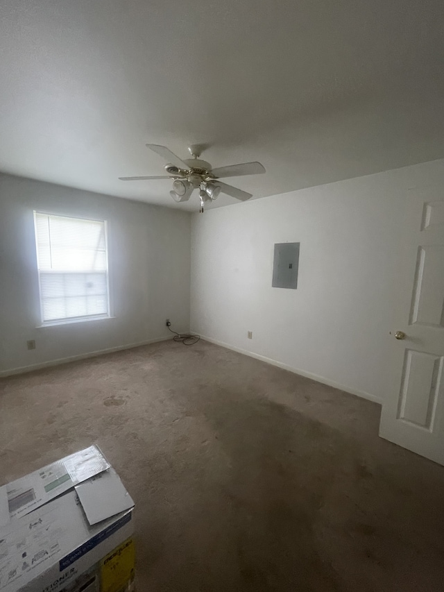 empty room featuring carpet, electric panel, and ceiling fan