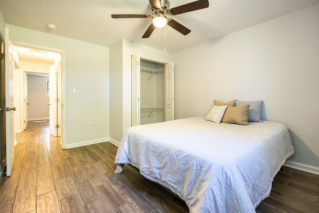 bedroom featuring ceiling fan, a closet, and dark hardwood / wood-style floors