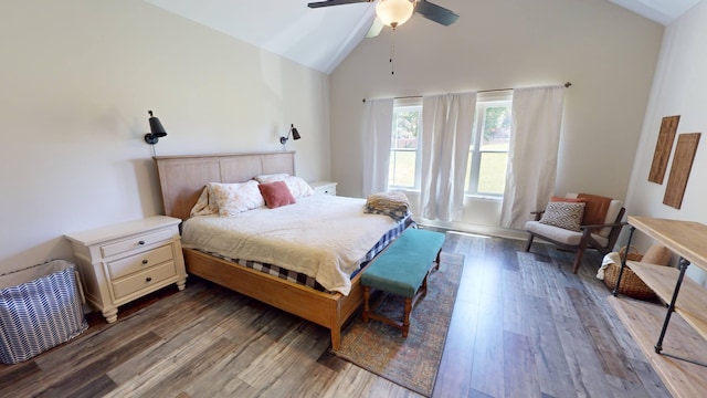 bedroom with ceiling fan, high vaulted ceiling, and wood finished floors