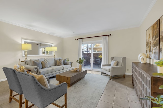 living room with light tile patterned floors and crown molding