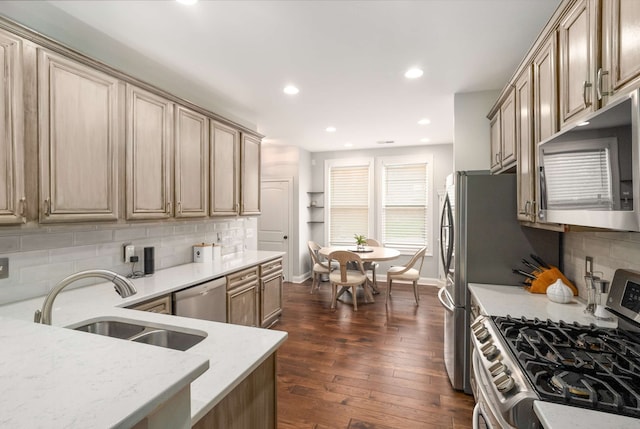 kitchen featuring backsplash, dark hardwood / wood-style floors, sink, and stainless steel appliances