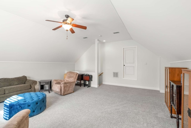 bonus room featuring carpet floors, ceiling fan, and lofted ceiling