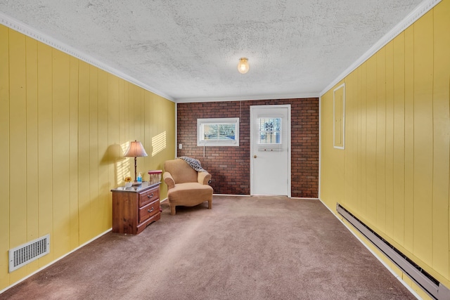 living area featuring wooden walls, carpet flooring, baseboard heating, a textured ceiling, and brick wall