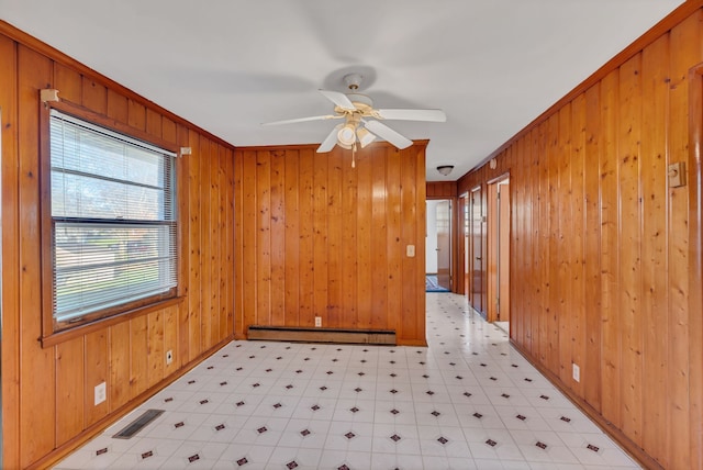 interior space with ceiling fan, crown molding, and wood walls