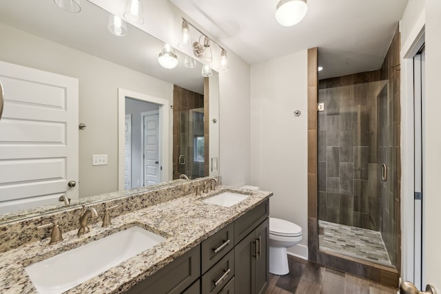 bathroom with walk in shower, vanity, wood-type flooring, and toilet