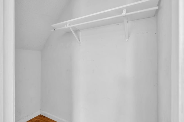 spacious closet featuring wood-type flooring and vaulted ceiling