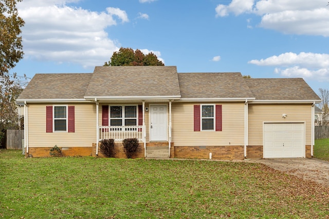 ranch-style home with a porch, a front yard, and a garage