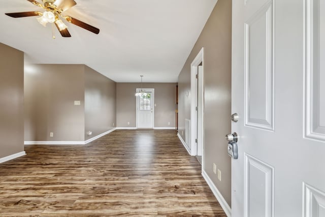 entryway with ceiling fan and hardwood / wood-style floors