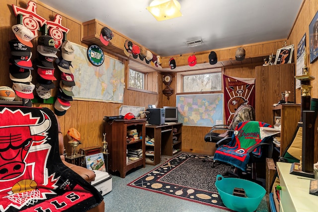 playroom featuring wooden walls