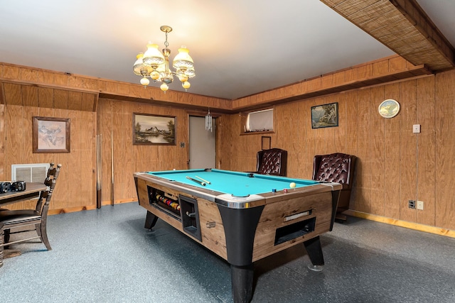 playroom with wood walls and billiards