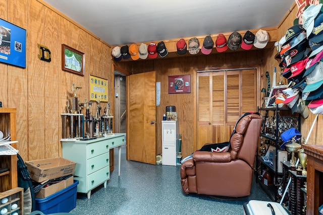 sitting room with wooden walls