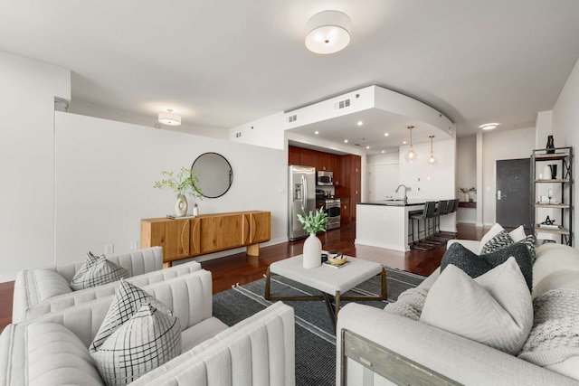 living room with dark hardwood / wood-style floors and sink