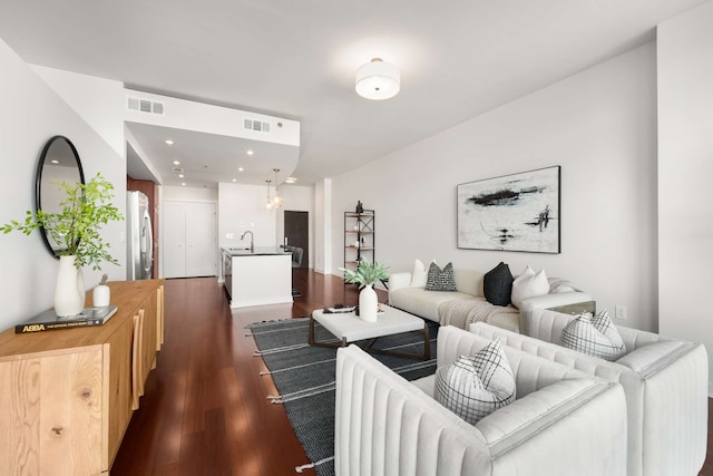 living room featuring sink and dark wood-type flooring