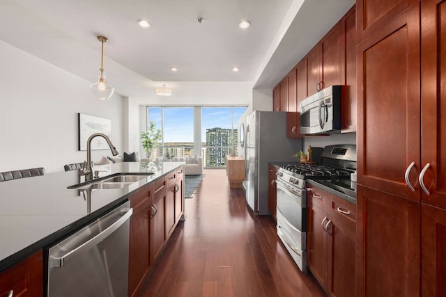 kitchen with pendant lighting, dark hardwood / wood-style flooring, sink, and stainless steel appliances