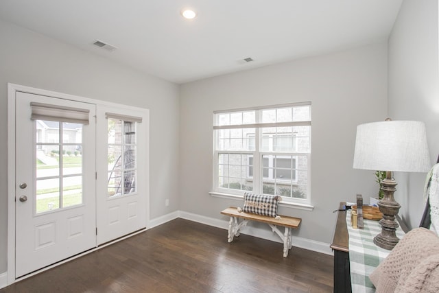 doorway with dark hardwood / wood-style floors