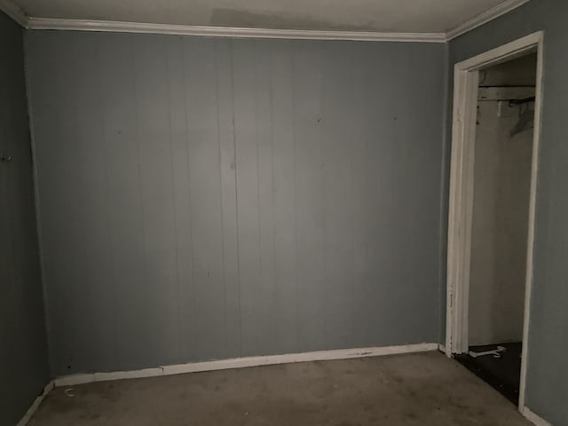 spare room with crown molding and wood walls