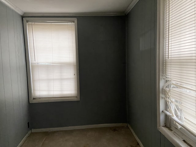 empty room with light colored carpet, crown molding, and wooden walls