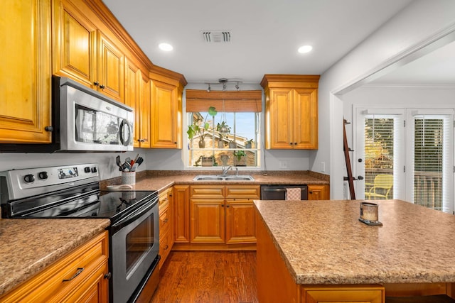 kitchen with dark hardwood / wood-style flooring, sink, plenty of natural light, and stainless steel appliances