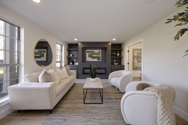 living room featuring dark hardwood / wood-style floors and built in features