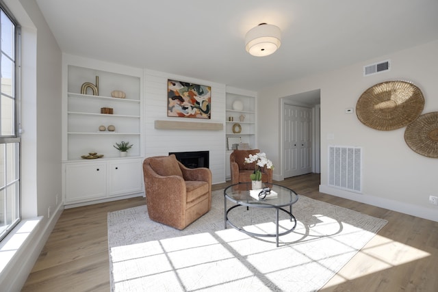 living room featuring a fireplace, a healthy amount of sunlight, and light hardwood / wood-style flooring