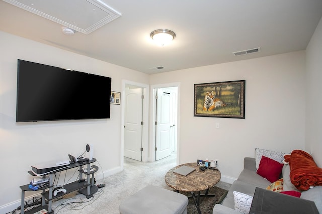 living room featuring light colored carpet