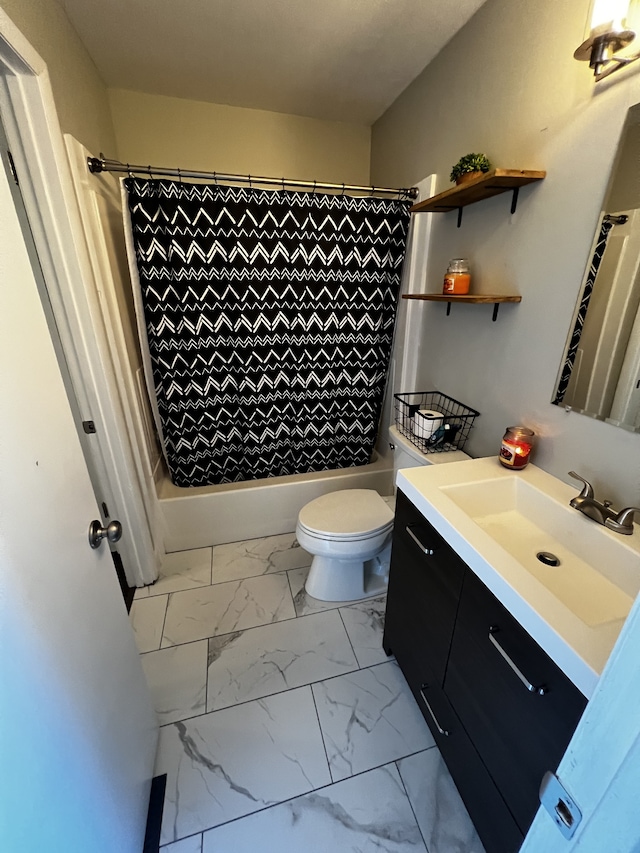 full bathroom with vanity, shower / bathtub combination with curtain, and toilet