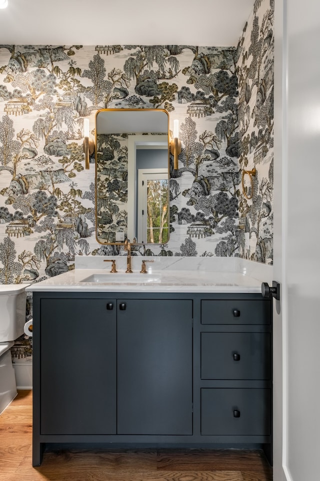 bathroom with hardwood / wood-style floors, vanity, and toilet