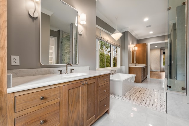 bathroom featuring vanity, ornamental molding, and plus walk in shower