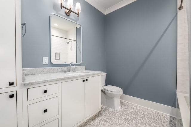 full bathroom with tile patterned flooring, toilet, shower / washtub combination, vanity, and ornamental molding