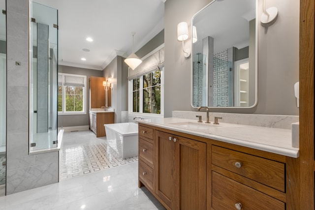 bathroom with vanity, separate shower and tub, ornamental molding, and a wealth of natural light