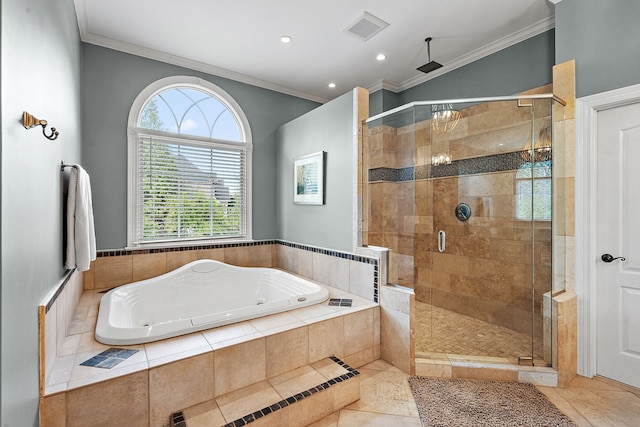 bathroom featuring tile patterned flooring, crown molding, and independent shower and bath