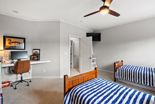 bedroom with carpet flooring, crown molding, and ceiling fan