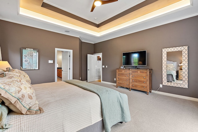 bedroom with ceiling fan, light colored carpet, and ornamental molding