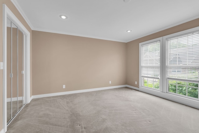 spare room featuring crown molding, plenty of natural light, and light colored carpet