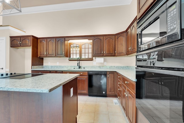 1406 Ottawa Pl, Murfreesboro, TN 37129 - kitchen featuring black appliances, a sink, ornamental molding, light stone countertops, and light tile patterned flooring