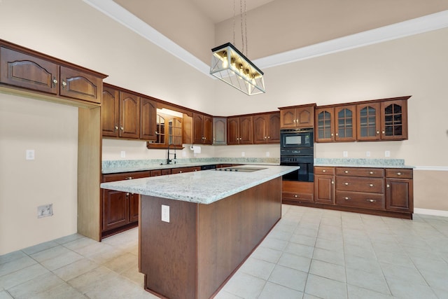 1406 Ottawa Pl, Murfreesboro, TN 37129 - kitchen featuring black appliances, a high ceiling, a sink, light tile patterned flooring, and a center island