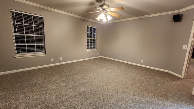 unfurnished room with carpet floors, ceiling fan, and crown molding