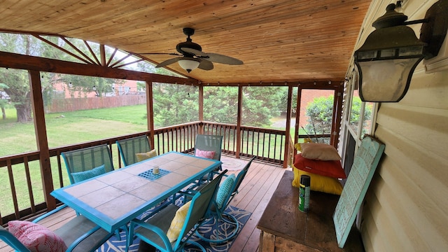 sunroom featuring ceiling fan, a healthy amount of sunlight, and lofted ceiling