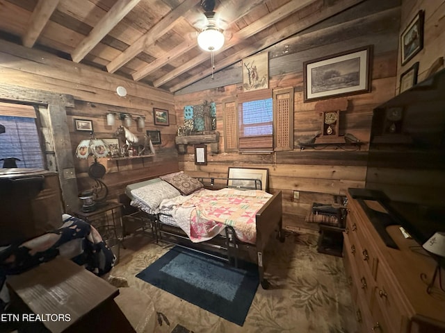 misc room featuring lofted ceiling with beams, ceiling fan, wooden walls, and wood ceiling