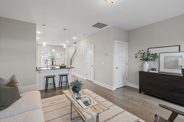 living room with dark hardwood / wood-style flooring and sink