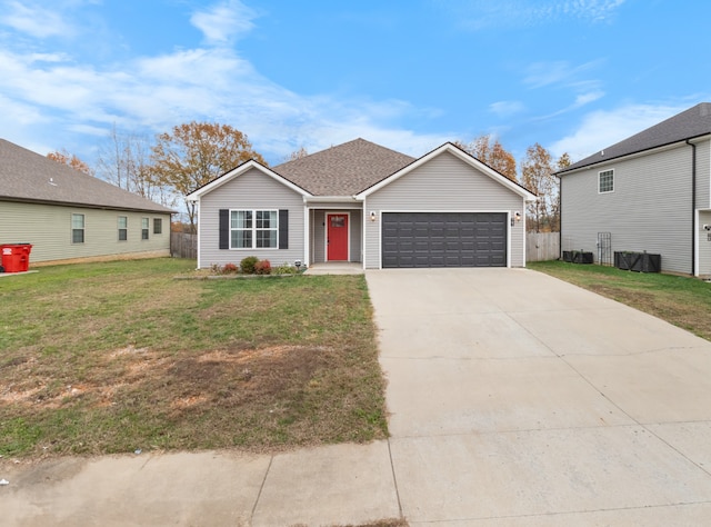 single story home featuring a front yard and a garage