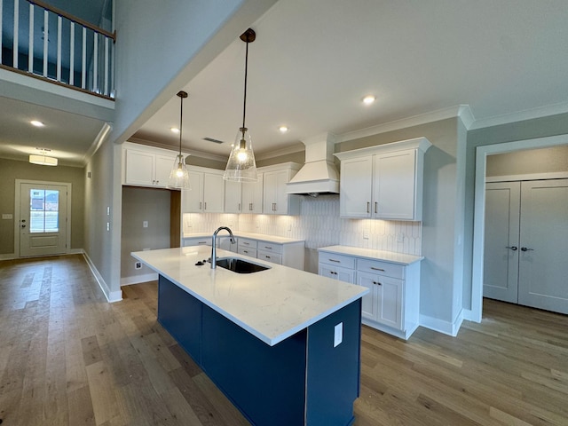 kitchen featuring tasteful backsplash, custom range hood, wood finished floors, white cabinetry, and a sink