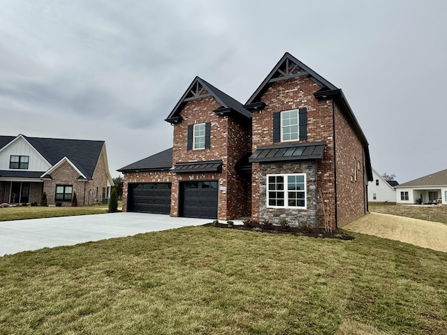 craftsman house featuring concrete driveway, brick siding, and a front lawn