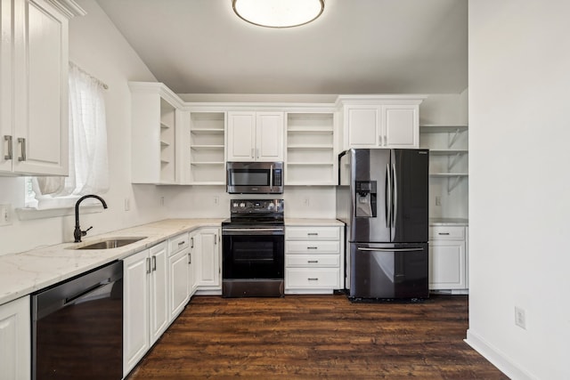 kitchen with white cabinets, dark hardwood / wood-style floors, sink, and stainless steel appliances