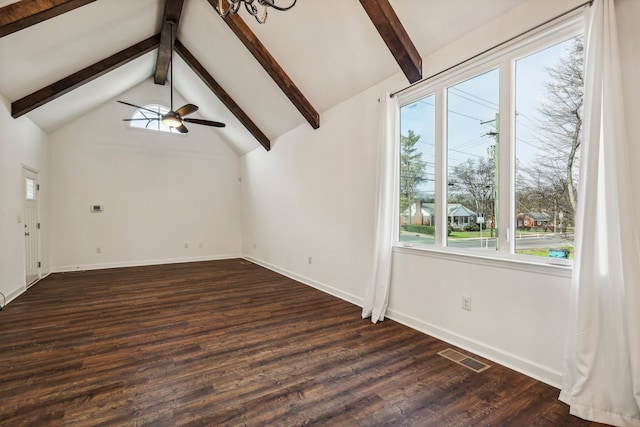 unfurnished living room featuring vaulted ceiling with beams, dark hardwood / wood-style flooring, and ceiling fan