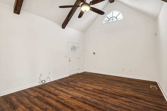 unfurnished room with beamed ceiling, dark hardwood / wood-style floors, and ceiling fan